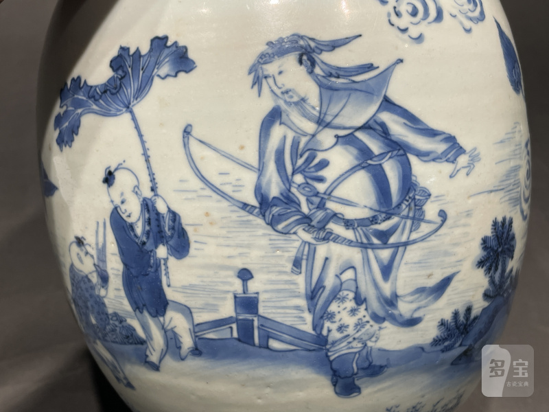 明崇祯 青花张仙送子图莲子罐 - 图7